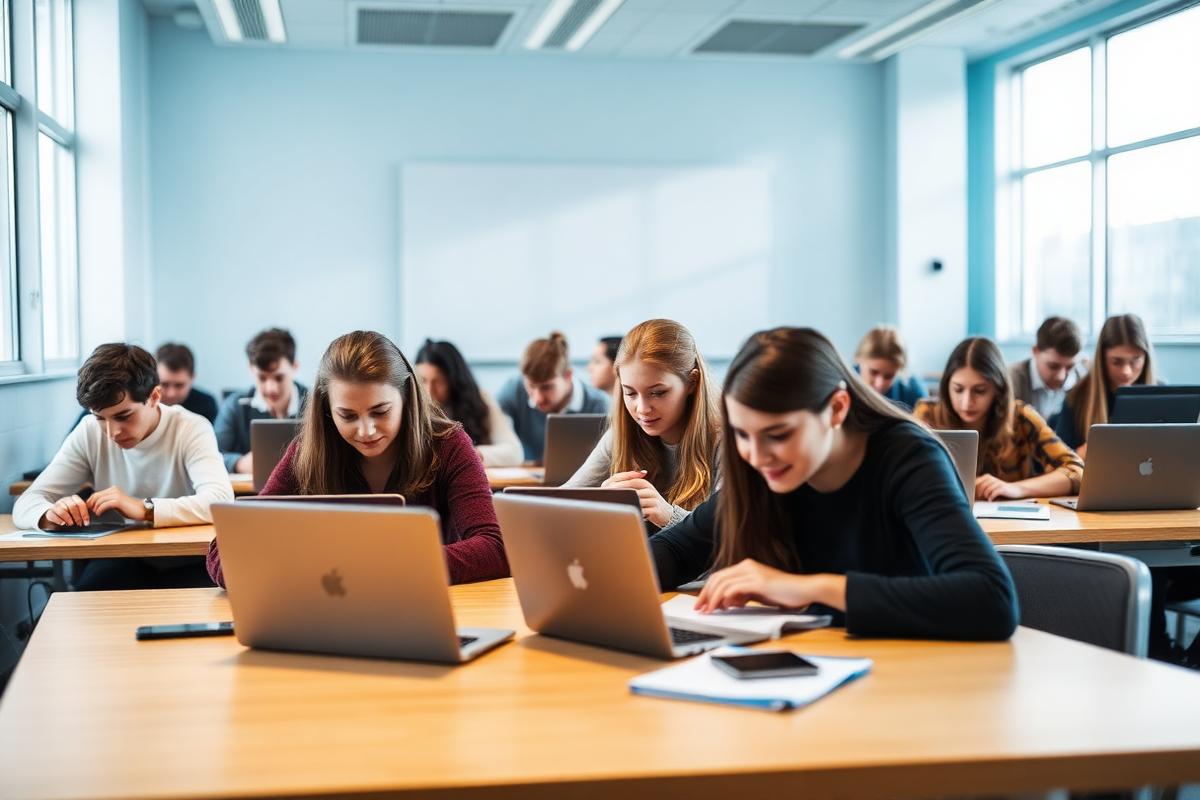 Students learning with laptops in a modern classroom